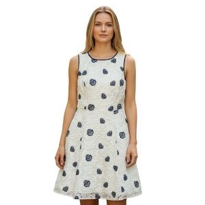 Antonio Melani Dress Women’s Sz 6 White Navy Lace Embroidered Floral Midi Party